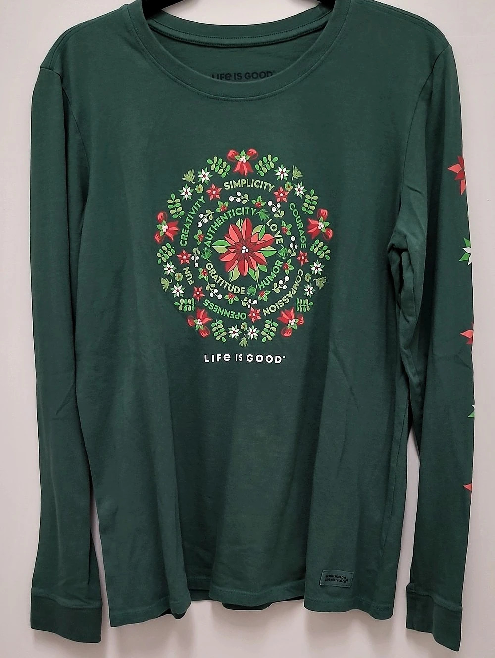 Life is Good Poinsettia Mandala Long Sleeve Crusher Tee Green & Red Large